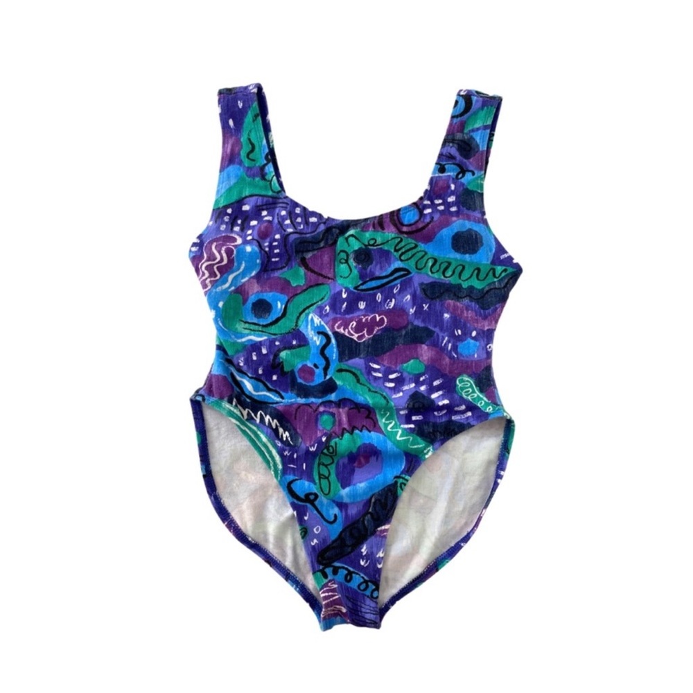 Vintage 90s Bodysuit Cotton Stretch Jersey Abstract Purple Teal High Cut Leg S